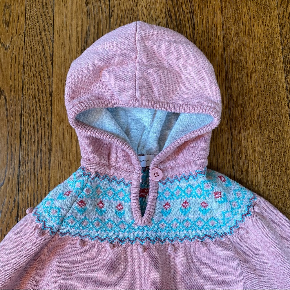 Angel Dear 4T Pink Hooded Poncho Sweater with Blue Accents - Picture 2 of 5